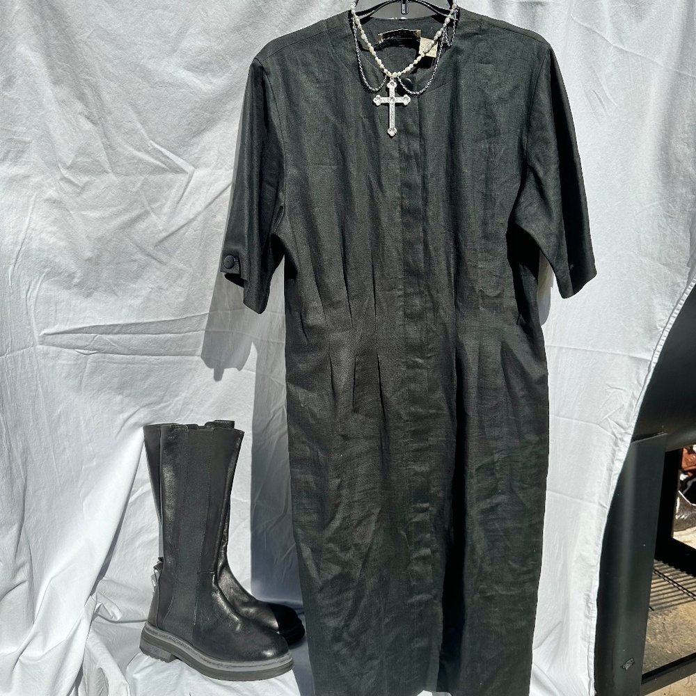 100% Linen Black Cinched Waist Structured Midi Length Minimalist Dress